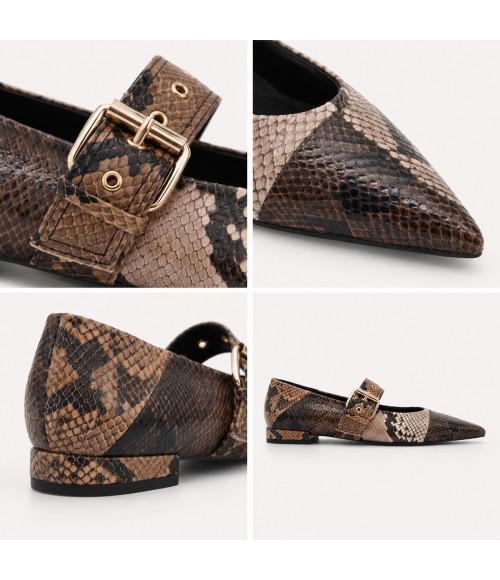 Zapato Tacon Bajo Marron Efecto Serpiente Hebilla Montevita 105470