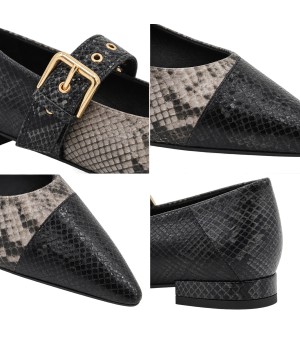 Zapato Tacon Bajo Negro Efecto Serpiente Hebilla Montevita 105471