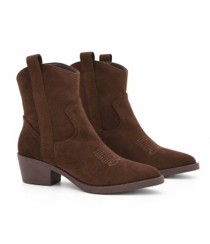 Botin Cowboy Marron Serraje con Bordado Frontal y Tacon Medio Purapiel 105517