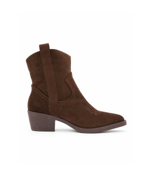Botin Cowboy Marron Serraje con Bordado Frontal y Tacon Medio Purapiel 105517