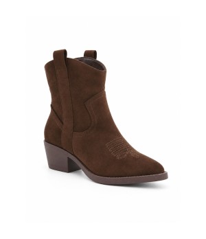 Botin Cowboy Marron Serraje con Bordado Frontal y Tacon Medio Purapiel 105517