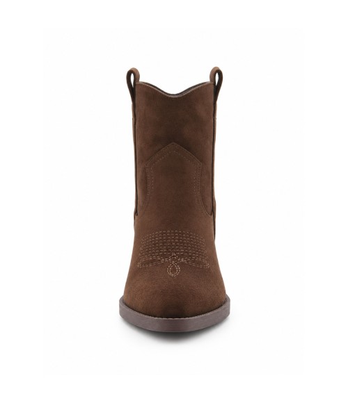 Botin Cowboy Marron Serraje con Bordado Frontal y Tacon Medio Purapiel 105517
