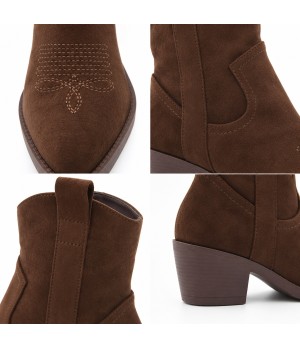 Botin Cowboy Marron Serraje con Bordado Frontal y Tacon Medio Purapiel 105517