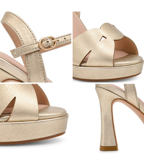 Sandalia Dorada Metalizada de Tacon Alto con Plataforma y Tiras Flor Para Mujer Montevita Fenie 105546